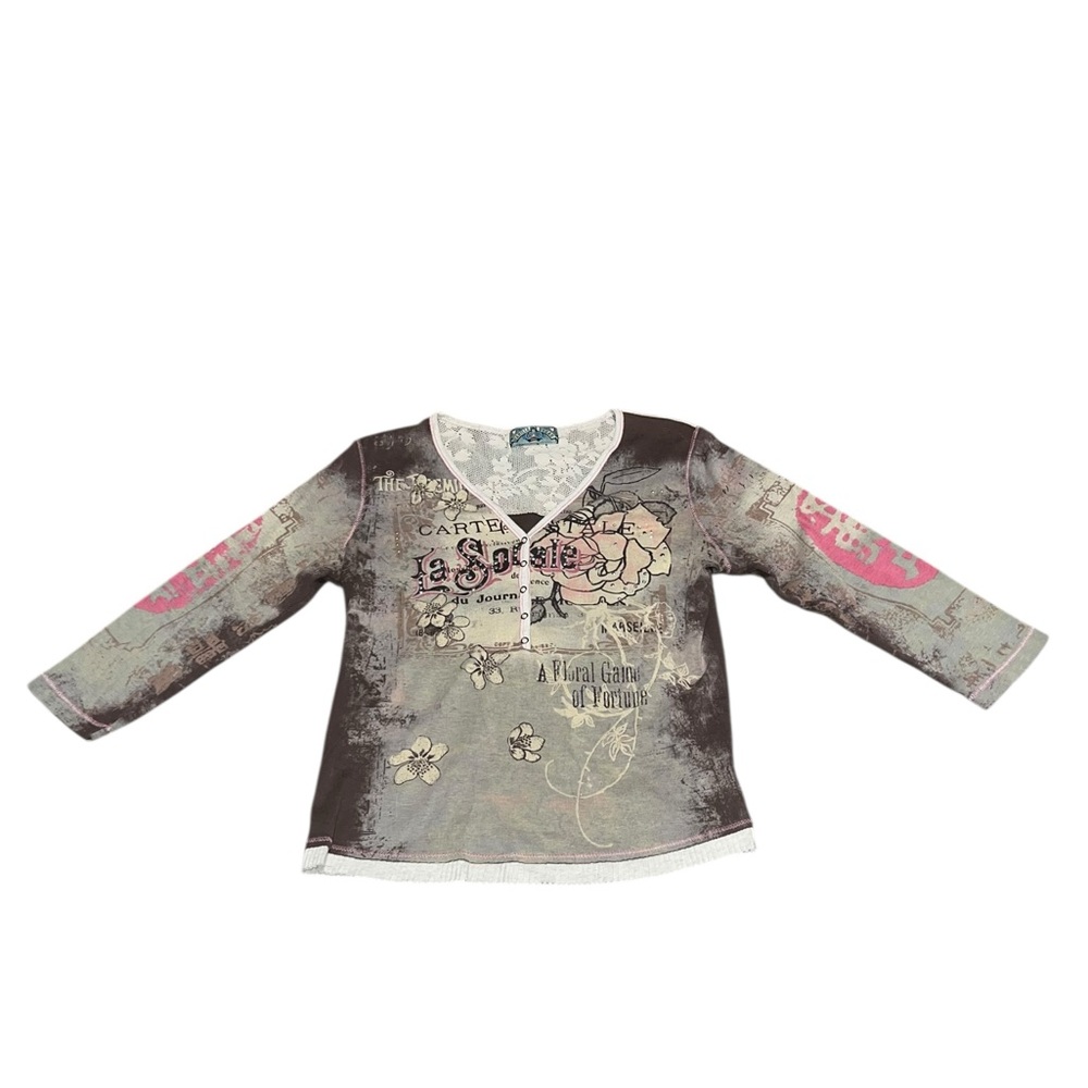 VTG Y2K Vanilla Sugar La Sociale Shirt Rhinestone Bedazzle Lace Hippie Boho